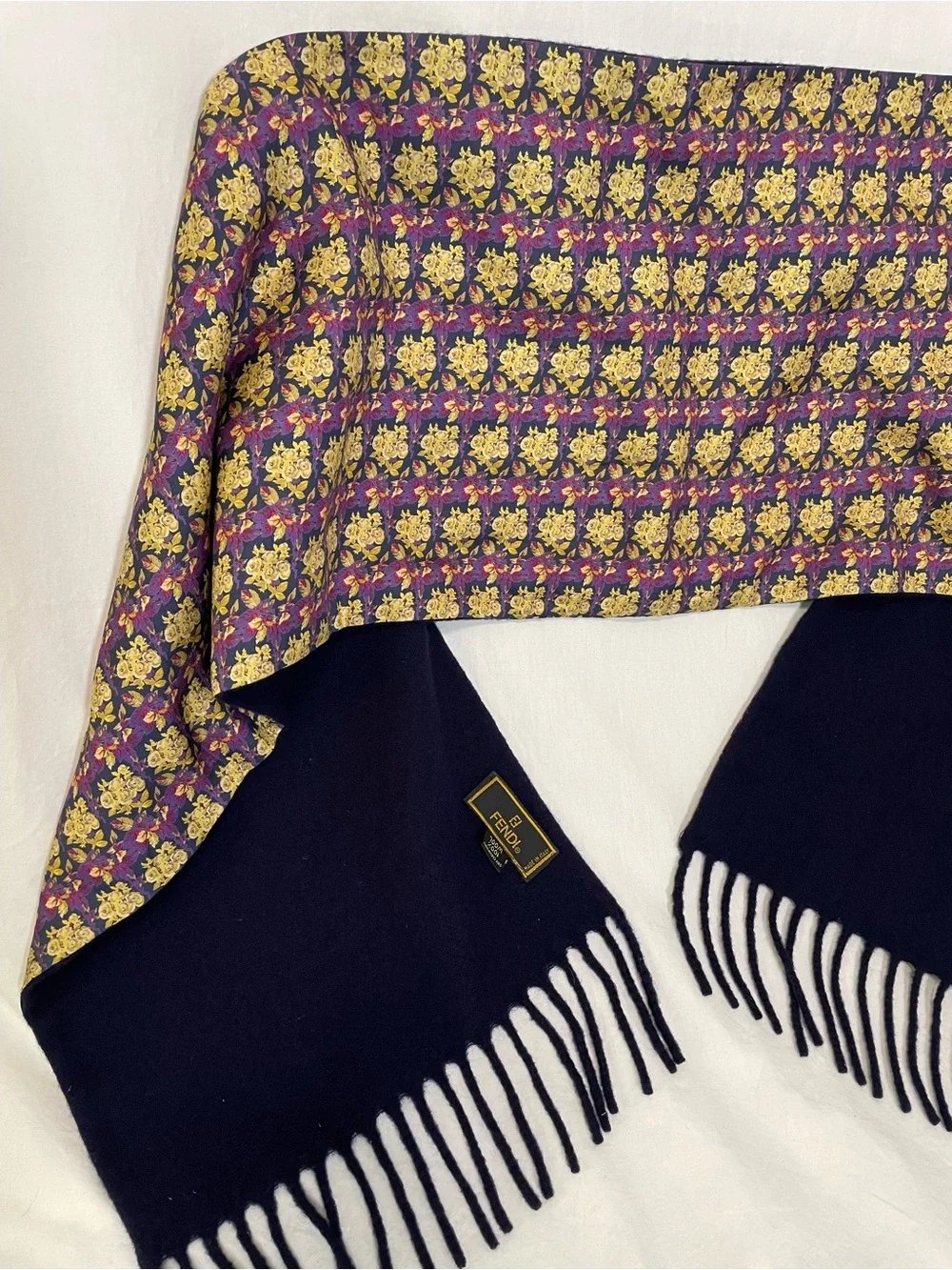 Vintage FENDI Cravatte Silk & Wool Double-Sided Fringe Scarf Floral Navy Italy